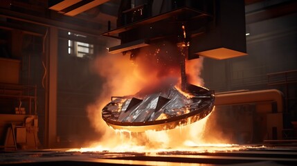 Intense flames and glowing molten metal flowing through an aluminum smelting furnace during the industrial production process