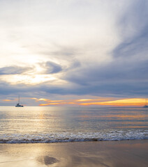 Landscape horizon vertical summer look sailboat in sea beach nobody wind wave cool holiday calm sunset sky evening day time  calm nature tropical beautiful ocean water travel Koh Muk Trang Thailand