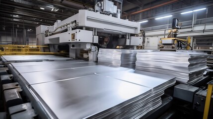 Heavy industrial machinery pressing and shaping aluminum metal sheets into component parts for automotive manufacturing and assembly