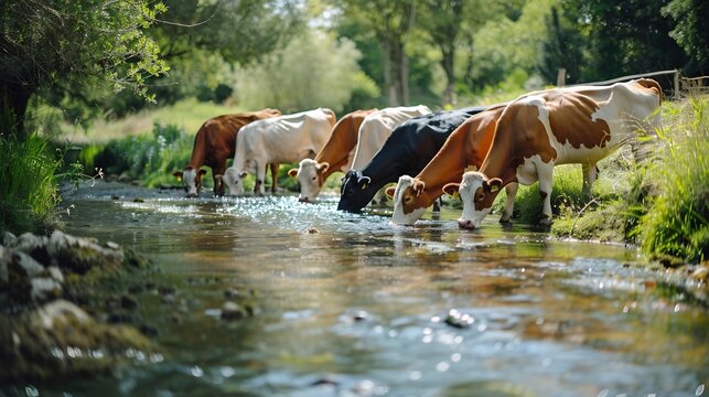 Cows Drinking from a Creek in a Lush Green Meadow