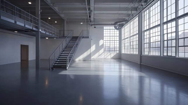 Empty industrial space with large windows, metal stairs, and mezzanine level.