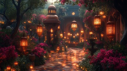 Obraz premium Enchanted Garden Pathway: A Night of Arabian Nights