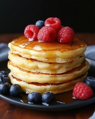 A stack of fluffy pancakes topped with raspberries and blueberries, drizzled with syrup.