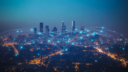 Obraz premium Smart digital Innovation city with connection network reciprocity over the cityscape. of future smart wireless digital city and social media networking systems that connects people with in city