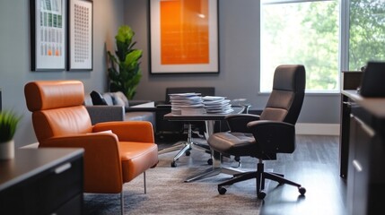 modern office workspace with comfortable leather chairs and stac