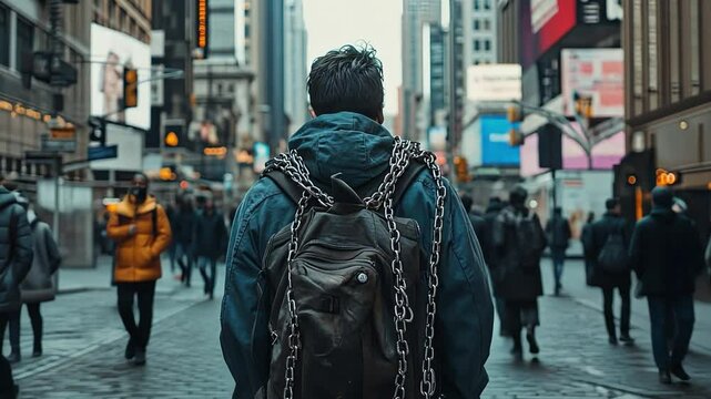 The Weight of the City: A lone figure walks through a bustling urban landscape, weighed down by a heavy chain attached to his backpack, symbolizing the burdens and pressures of city life.  