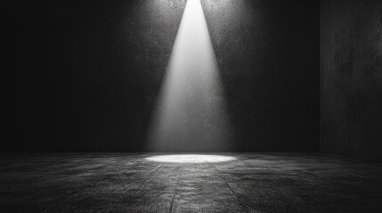 Spotlight on stage, Empty stage with spotlights, White spotlight coming from above shining on black wallpaper studio. 
