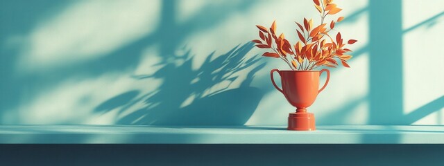 Decorative floral arrangement in trophy vase modern interior still life minimalist environment soft light aesthetic appeal