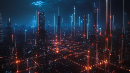 Obraz premium Smart digital Innovation city with connection network reciprocity over the cityscape. of future smart wireless digital city and social media networking systems that connects people with in city