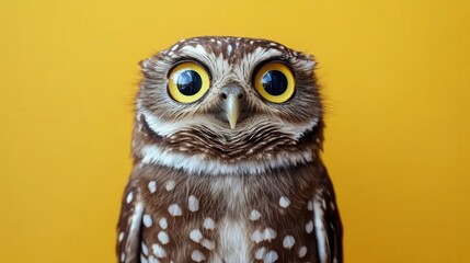 Fototapeta premium Close-up of a speckled owl with bright yellow eyes against a yellow background. Perfect for education, wisdom, or nature themes.
