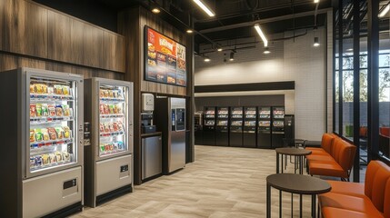modern vending area with seating and menu board