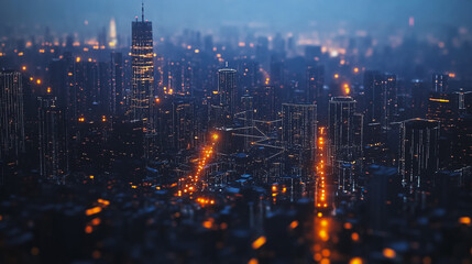 Fototapeta premium Smart digital Innovation city with connection network reciprocity over the cityscape. of future smart wireless digital city and social media networking systems that connects people with in city
