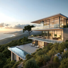 Fototapeta premium A modern luxury hillside house featuring innovative design.