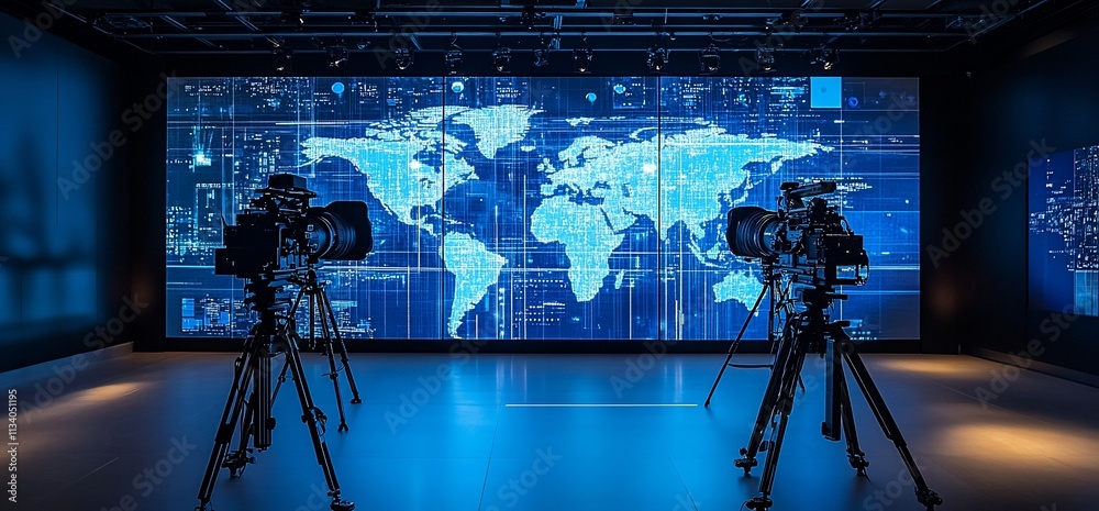 Poster A studio setup featuring cameras and a digital world map backdrop.