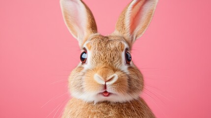 Fototapeta premium Adorable brown bunny close-up, pink background. Perfect for Easter, pet, or spring themes; evokes cuteness and joy.