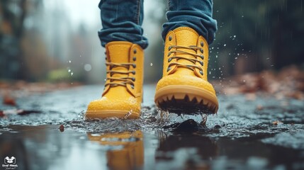 Rainy Day Adventures: Yellow Boots Splashing in Puddle