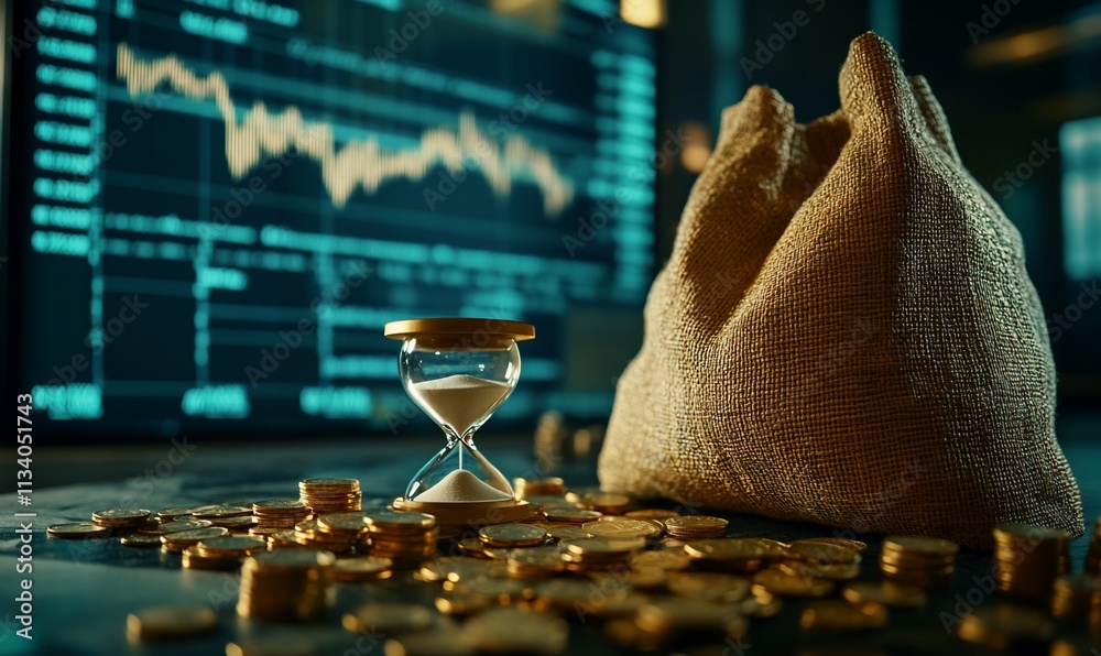Poster a symbolic representation of time and wealth with coins and an hourglass.