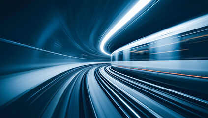 Futuristic urban train system in a glowing tunnel