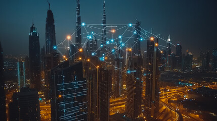 Fototapeta premium Smart digital Innovation city with connection network reciprocity over the cityscape. of future smart wireless digital city and social media networking systems that connects people with in city