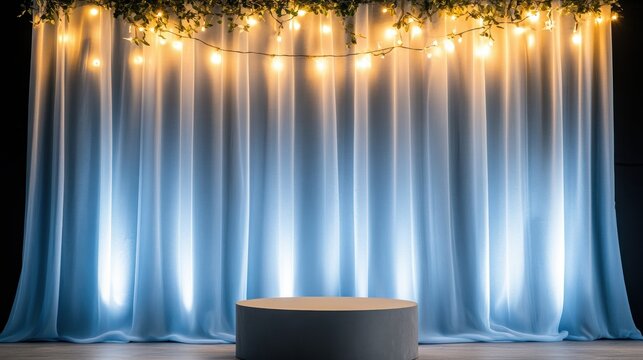 A serene backdrop featuring soft blue curtains illuminated by warm lights, perfect for events, photography, or performances