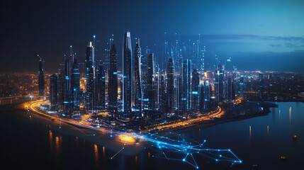 Fototapeta premium Smart digital Innovation city with connection network reciprocity over the cityscape. of future smart wireless digital city and social media networking systems that connects people with in city