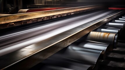 Obraz premium High speed conveyor belts efficiently transporting various galvanized metal materials and products through an automated industrial manufacturing factory or production facility