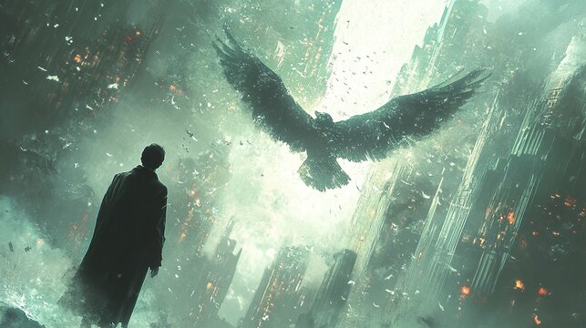 A lone man watches a giant bird soar over a dark, gothic city