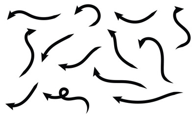 Set of Black hand drawn arrow element vector. Collection of doodle arrows, lines, symbol, pointing mark, shapes on white background. Simple icon illustration for education, decoration, map. 