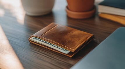 Exploring minimalist style leather wallet on desk home office lifestyle photography warm lighting close-up perspective