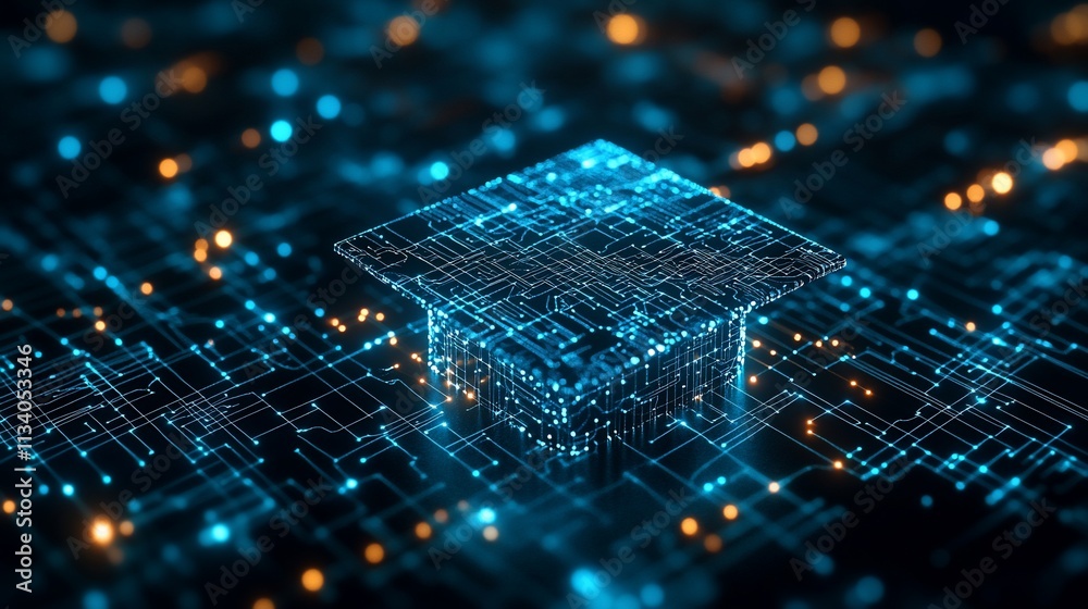 Poster Abstract digital landscape with glowing circuits and a 3D structure.