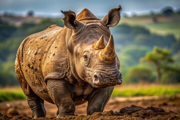 Fototapeta premium A Dirty Rhino Covered in Mud in Its Natural Habitat, Capturing the Beauty of Wildlife and Conservation Efforts in Africa's Savannas and National Parks