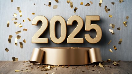 A vibrant image featuring the bold numbers 2025 surrounded by golden confetti, perfect for celebrating New Year, events, or milestone promotions in marketing materials, Use it to evoke festive spirit