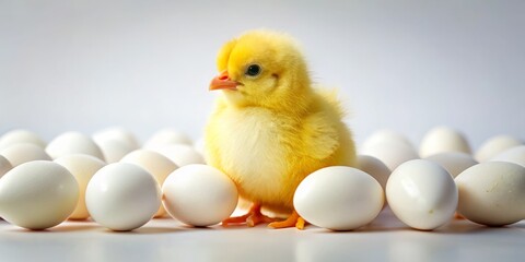 Adorable Fluffy Chick Amongst Eggs - White Background - Baby Bird Photography - Cute Farm Animal Image - Springtime Hatchling
