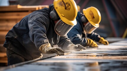 A group of skilled workers diligently performing rigorous control checks on zinc coated materials using a variety of precision tools and equipment in an organized industrial workplace setting
