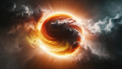 宇宙から見た太陽が暗闇に輝く壮大なエネルギーの風景デザイン。生成AI