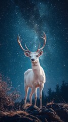 Fototapeta premium A majestic white deer with perfect antlers, on the mountain and the view of the stars in the beautiful sky