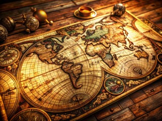 Fototapeta premium Antique Map, Vintage World Atlas, Detailed , Old Wooden Table, Worm's Eye View, Exploration, Cartography, Travel, Adventure