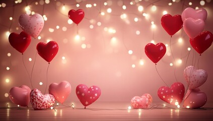 Valentine's Day decorations with heart red balloons and lights on pink background