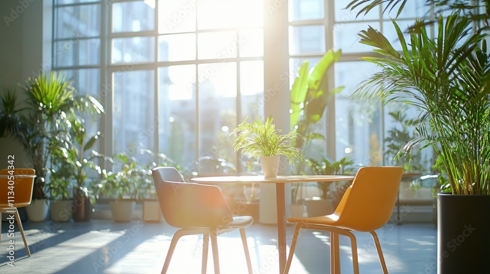 Aufkleber bright indoor space with plants and chairs, creating a relaxing atmosphere.