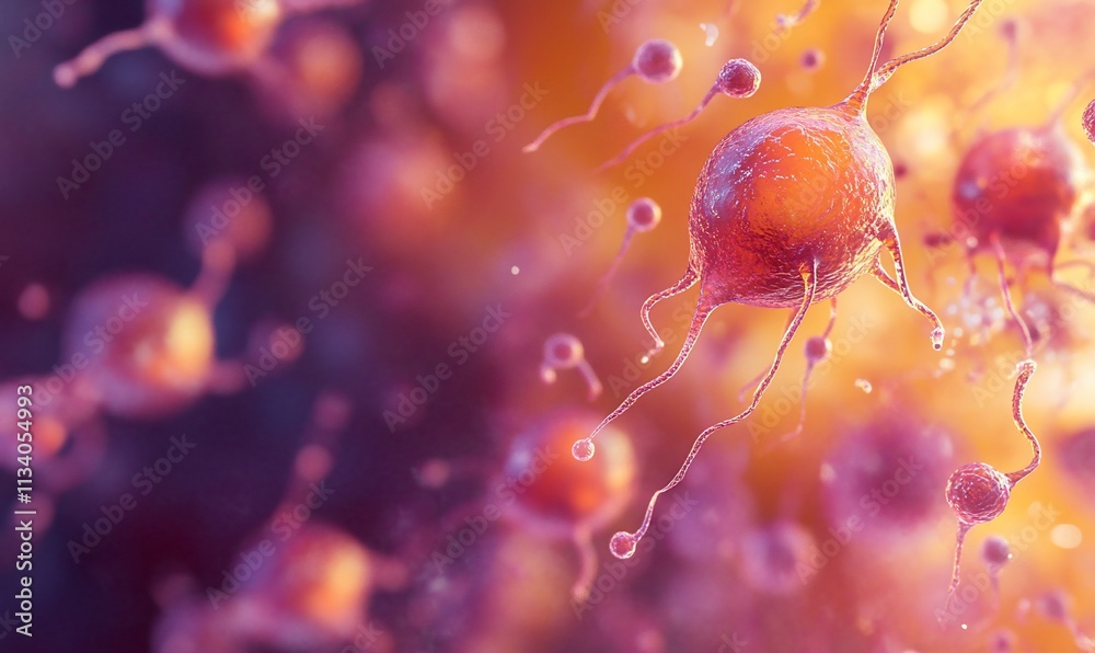 Poster close-up view of microscopic cells in a vibrant, abstract environment.