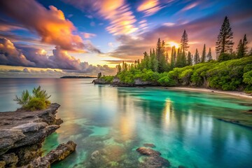Fototapeta premium Captivating Long Exposure of New Caledonia's Turquoise Waters and Lush Landscapes at Sunset, Showcasing the Serenity of Paradise Islands and Vibrant Coral Reefs