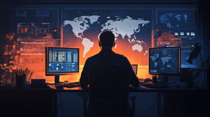 Fototapeta premium hacker at work in dark room with multiple monitors