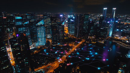Smart digital Innovation city with connection network reciprocity over the cityscape. of future smart wireless digital city and social media networking systems that connects people with in city