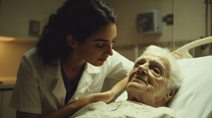Fototapeta premium Caring nurse provides emotional support to elderly patient in hospital room, demonstrating compassion and dedication in healthcare environment