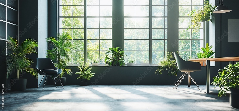 Aufkleber bright, modern workspace with plants and large windows for a serene atmosphere.