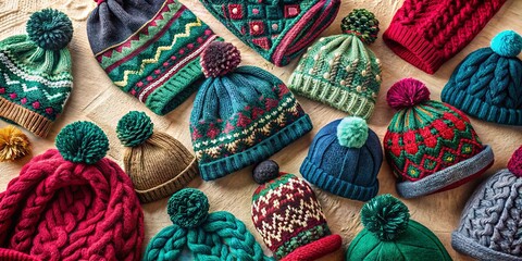 Chic Winter Wool Hats: Bird's Eye View of Stylish Knitted Patterns & Textures