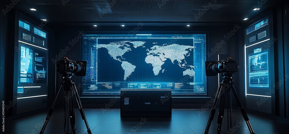 Poster High-tech control room with world map and cameras for surveillance.