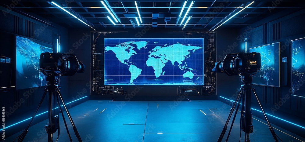 Poster High-tech control room featuring a world map and cameras for monitoring.