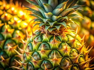Fototapeta premium Close-up of a Ripe Pineapple Skin Highlighting Sharp Spines and Textured Surface in Low Light, Capturing the Intricacies of Nature's Design and Freshness in a Unique Perspective