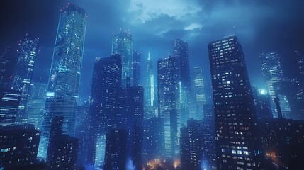Obraz premium Futuristic Blue Cityscape with Digital Skyscrapers and Neon Lights
